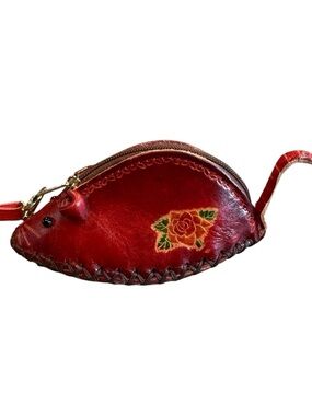 Red Leather Rose Embroidered Mouse Wristlet Coin Purse